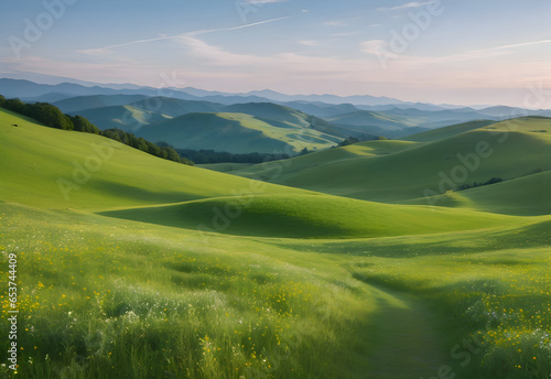 amazing natural green grassland with mountains landscape wallpaper 