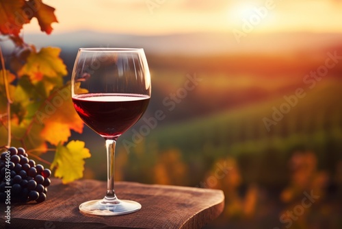 Generative AI A glass of red wine on a wooden table in the middle of a vineyard at sunset. A bunch of ripe grapes nearby. Autumn atmosphere of grape harvest.