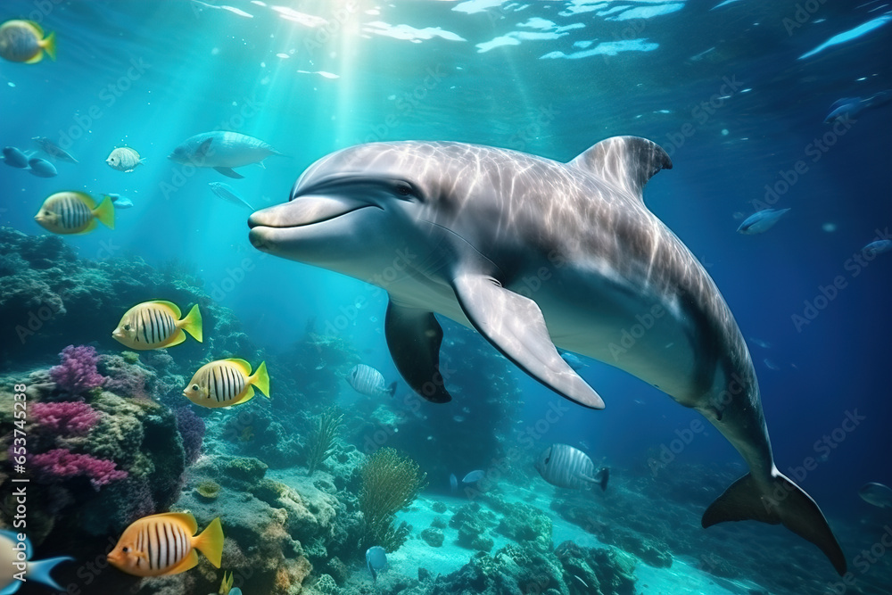 Naklejka premium colorful tropical underwater theme with dolphins