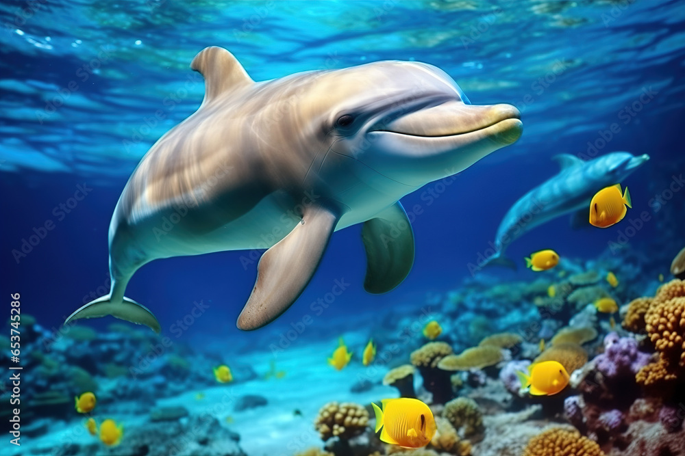 colorful tropical underwater theme with dolphins