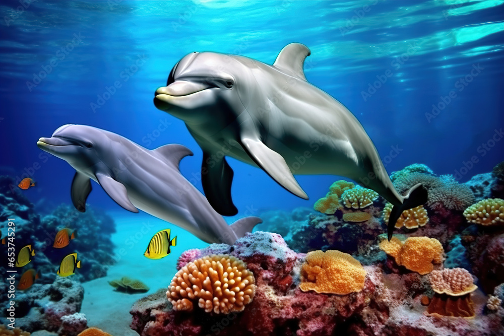 Fototapeta premium colorful tropical underwater theme with dolphins