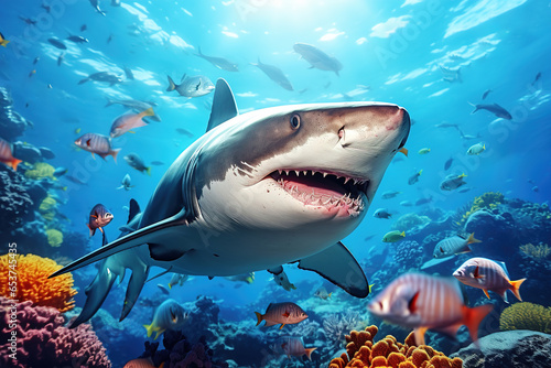 colorful tropical underwater shark theme near the reef photo