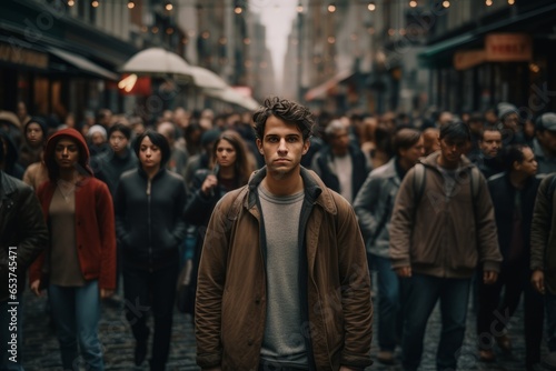 Introverted man looking at the camera feeling awkward in a crowd generative ai