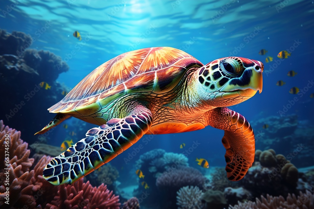 colorful tropical underwater turtle theme near the reef colorful tropical underwater turtle theme near the reef