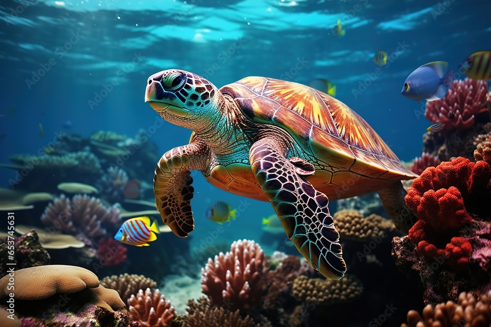 Fototapeta premium colorful tropical underwater turtle theme near the reef