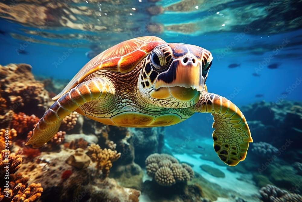 Obraz premium colorful tropical underwater turtle theme near the reef