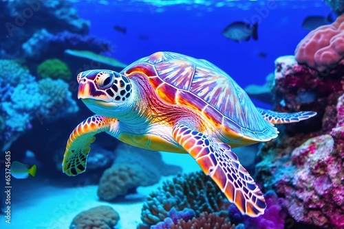 colorful tropical underwater turtle theme near the reef © Irina