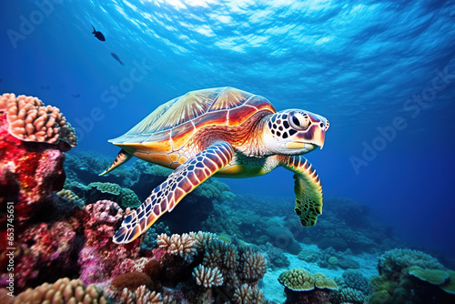 colorful tropical underwater turtle theme near the reef © Irina