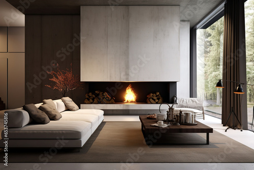 Minimalist style interior design of modern living room with fireplace and concrete walls. © Irina