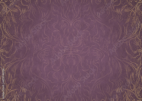 Hand-drawn abstract ornament. Light semi transparent pink on a purple back, with vignette of same pattern and sparks in golden glitter on a darker color. Paper texture. A4. (pattern: p11-1a)