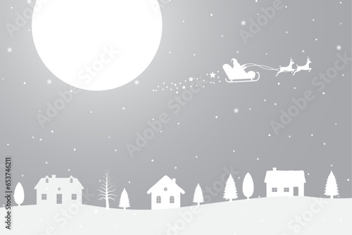 Merry Christmas and Happy New Years in background with reindeer and Santa Claus flying above at night
