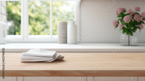 Minimal Empty light color table template for showing products on background of kitchen room interior.