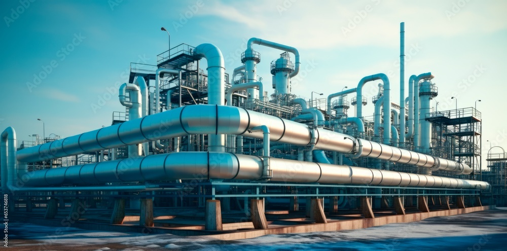Fototapeta premium A modern petrochemical plant with Large oil pipeline and gas pipeline in the process of oil refining and the movement of oil and gas 