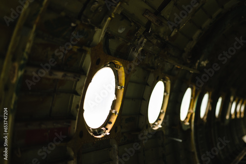 Inside wrecked broken passenger airplane form laos
