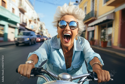 Cheerful senior woman riding blue scooter in Italy, summer vacation made with AI photo