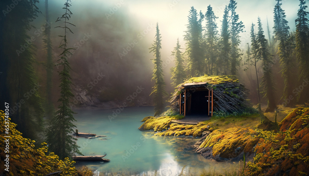 Obraz premium Shelter deep in the woods next to a river during sunset 