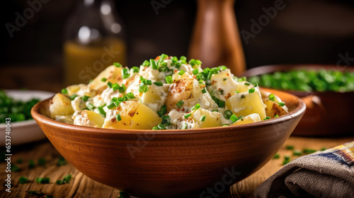 Bavarian potato salad in wooden bowl photo