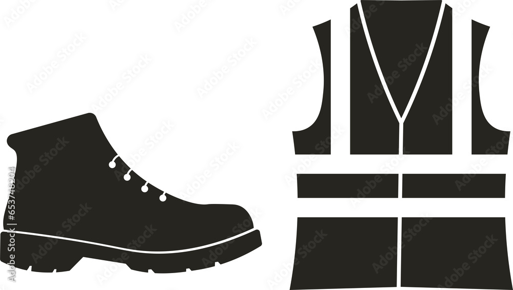 Isolated illustration of black pictogram safey shoes, protective footwear and high visibility vest for worker, engineer, mine, construction industrial area warning sign - obrazy, fototapety, plakaty 