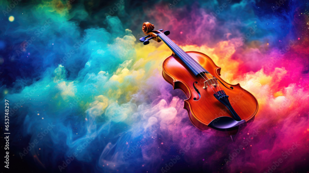 World music day banner with violin on abstract colorful dust background. Music day event and musical instruments colorful design