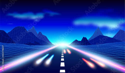 Neon road in the mountains in synthwave style. 80s styled highway to horizon, purple and blue retro arcade scene.