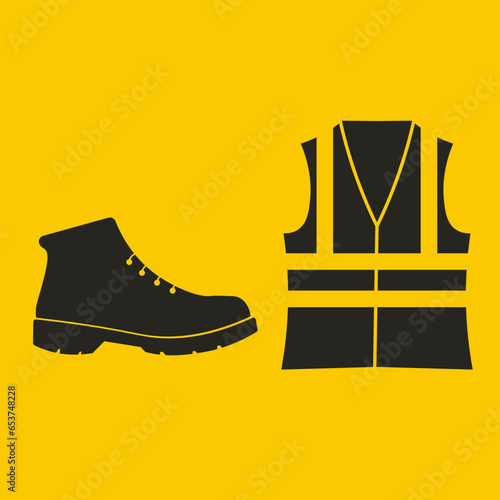 Isolated illustration of black pictogram safey shoes, protective footwear and high visibility vest for worker, engineer, mine, construction industrial area warning sign