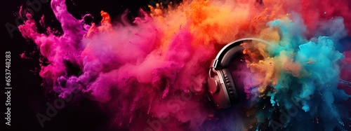 World music day banner with headset headphones on abstract colorful dust background. Music day event and musical instruments colorful design photo