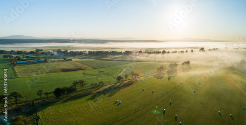Panorama of green farmland in morning light with mist over river photo