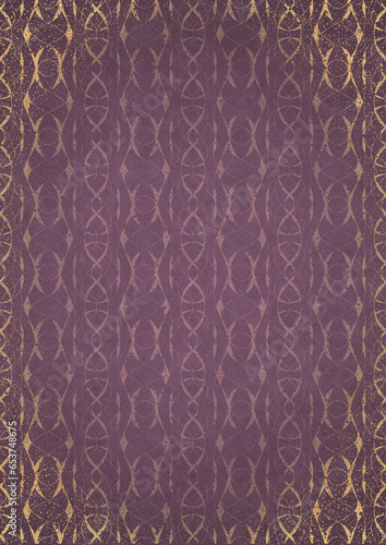 Hand-drawn abstract ornament. Light semi transparent pink on a purple back, with vignette of same pattern and sparks in golden glitter on a darker color. Paper texture. A4. (pattern: 10-3f)
