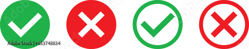 Check mark and X mark icon. Checkmark and x mark icon for apps and websites. Green and red check mark icon on white background - stock vector.