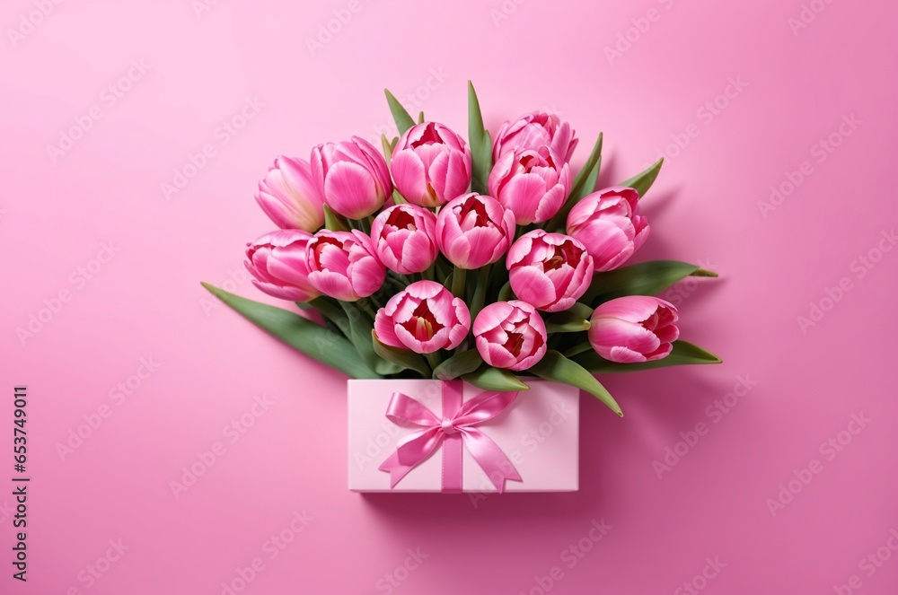 Bouquet of Pink Tulips with Gift Box, Romantic and Wedding Surprise, using Generative ai Bouquet of Pink Tulips with Gift Box, Romantic and Wedding Surprise, using Generative ai