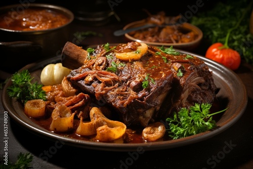 Traditional slow-cooked dish with tender braised meat and marrowbone. Generative AI photo