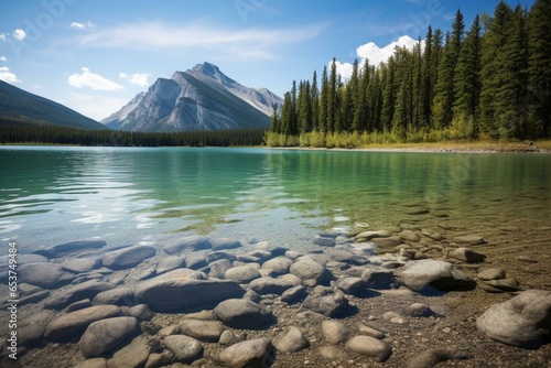 Scenic lake with mountain backdrop. Generative AI