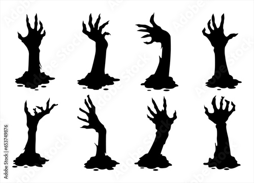 Halloween hand vector set. Collection of zombie hand vector. Elements for halloween posters and design projects. Halloween zombie arms vector set in black. Isolated creepy halloween project elements.
