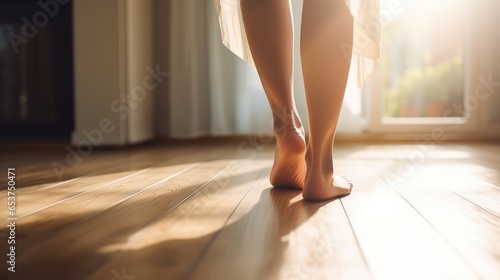 close up view of unrecognizable woman feet legs, barefoot girl standing indoors inside of modern home enjoy warm wooden heated floor