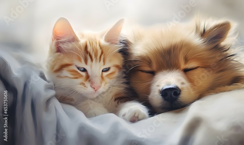 Kätzchen und Welpe in herzerwärmender Umarmung photo