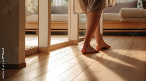 close up view of unrecognizable woman feet legs, barefoot girl standing indoors inside of modern home enjoy warm wooden heated floor © zayatssv