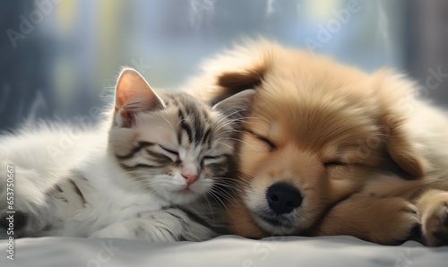 Süßes Katzenbaby und niedlicher Hundewelpe kuscheln photo