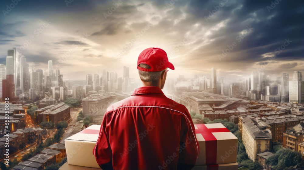 Fototapeta premium back view of delivery man over cityscape with box in hands, logistic, shipping cargo service