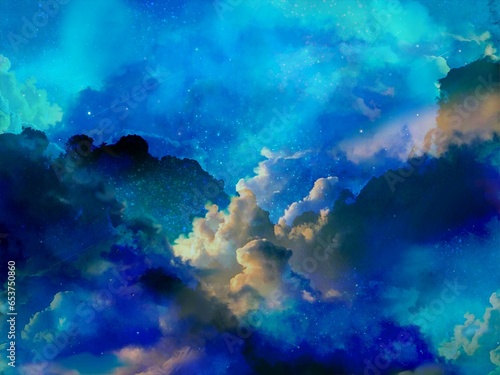 青く美しい雲が漂う空と輝く星々の背景イラスト 