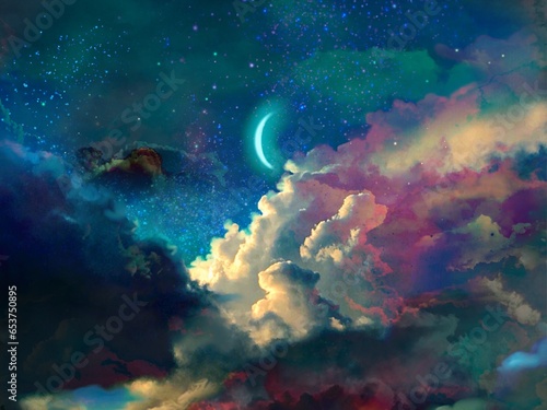 Illustration of creepy night sky with shinning crescent moon