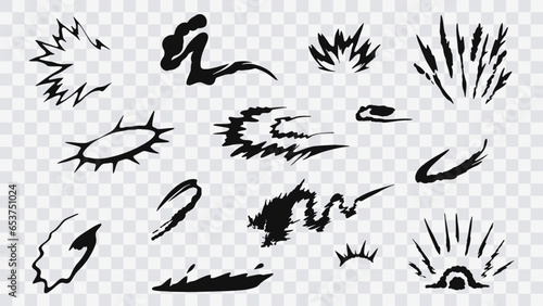Cartoon spark and explosion effect set. Vector comic boom blast clouds, exploded bomb fire burst energy and bang crash power with smoke, dust and air speed motion trails, comics book explosion effects