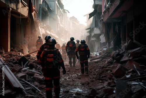 Rescue workers on a street in a big city completely destroyed by an earthquake