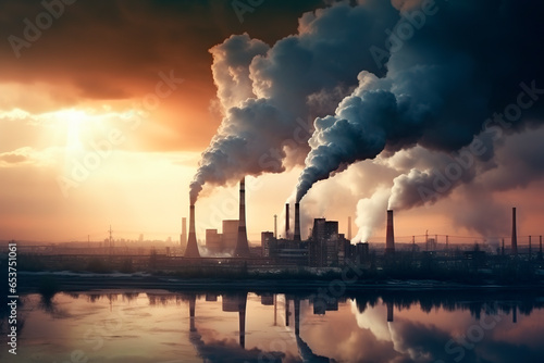 Smoking chimneys  factories release CO2 into the atmosphere. Concept of carbon trading market