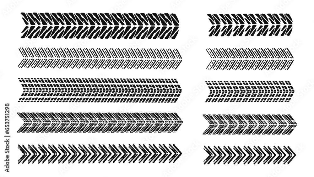 Car and motorcycle tire track vector set. Tire mark. Truck tread mark on the road concept. Vector tire mark from different tread type of car and moto wheel. Car and motorcycle tire track vector set. Tire mark. Truck tread mark on the road concept. Vector tire mark from different tread type of car and moto wheel.