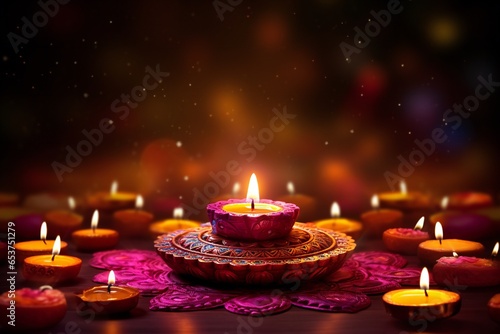 Diwali festival poster shiny background with diya lamps and rangoli  with empty copy space Generative AI