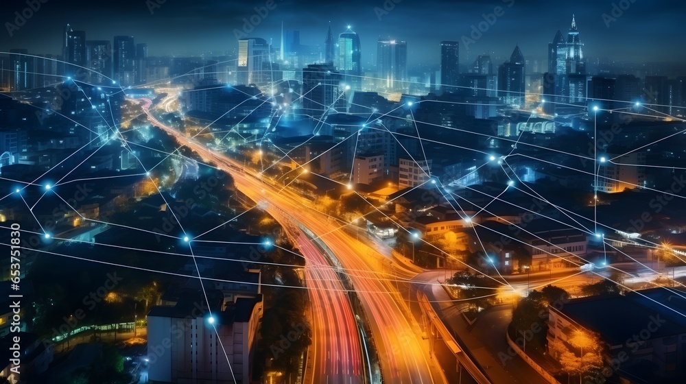 Modern city and smart transportation and intelligent communication network of things ,wireless connection technologies for business . - obrazy, fototapety, plakaty 