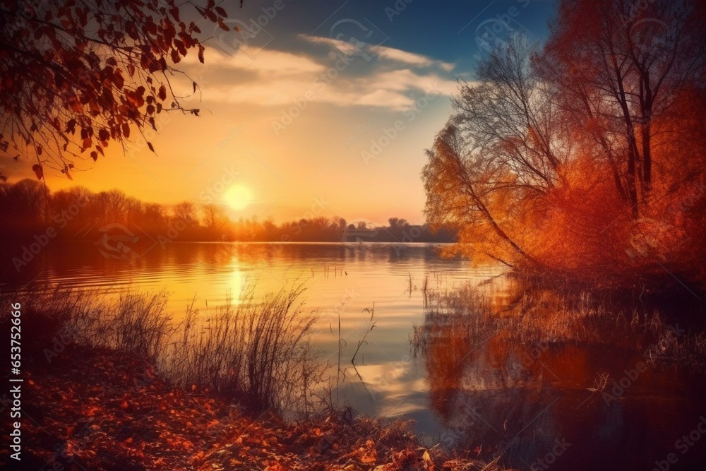 Stunning lake sunset with vibrant autumn colors. Artistic style. Generative AI