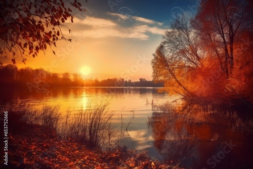 Stunning lake sunset with vibrant autumn colors. Artistic style. Generative AI