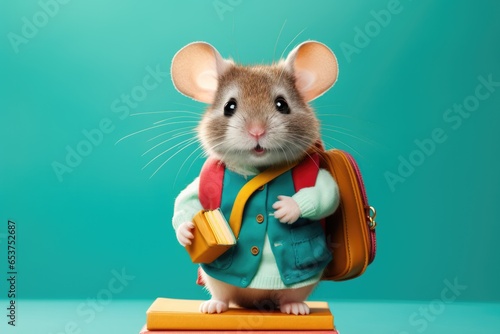 Cute little mouse student on a turquoise background. Copy space for text, banner design.