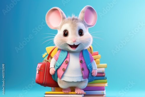 Cute fun mouse animal, school backpack, books, back to school and education concept.